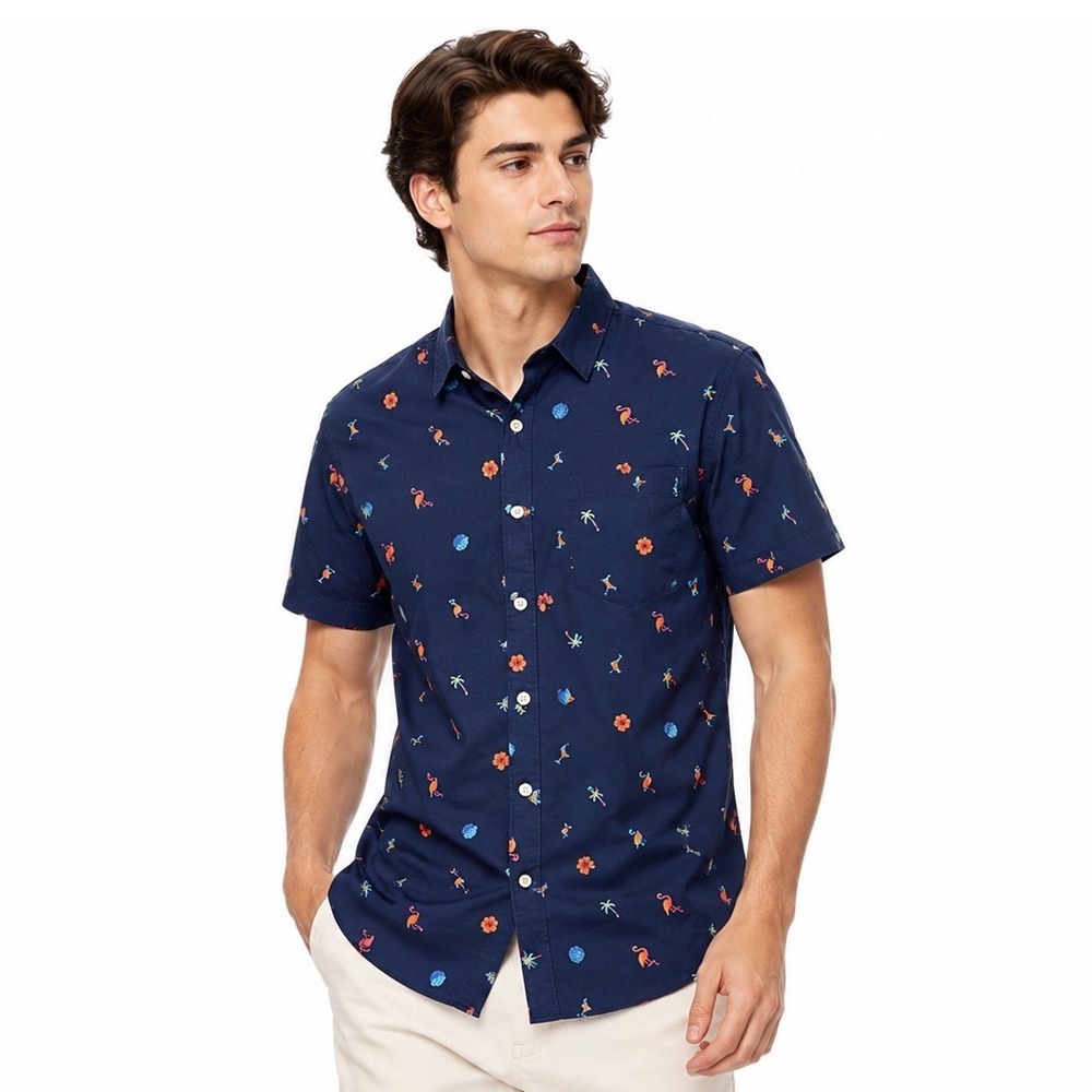 Aeropostale Tropical Flamingo Button Up Shirt Men's Large Navy Beach Vacation